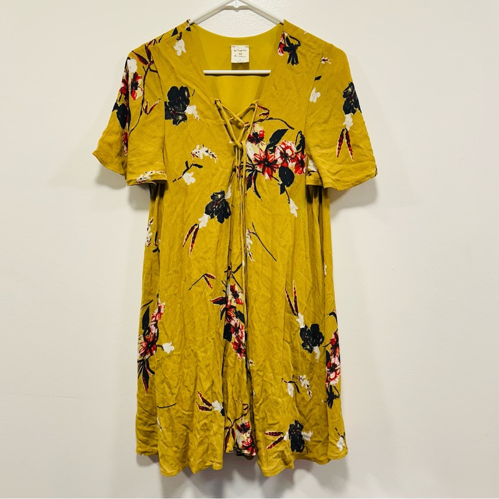 By Together Mustard Floral Lace-Up shift flowing Dress Size Small